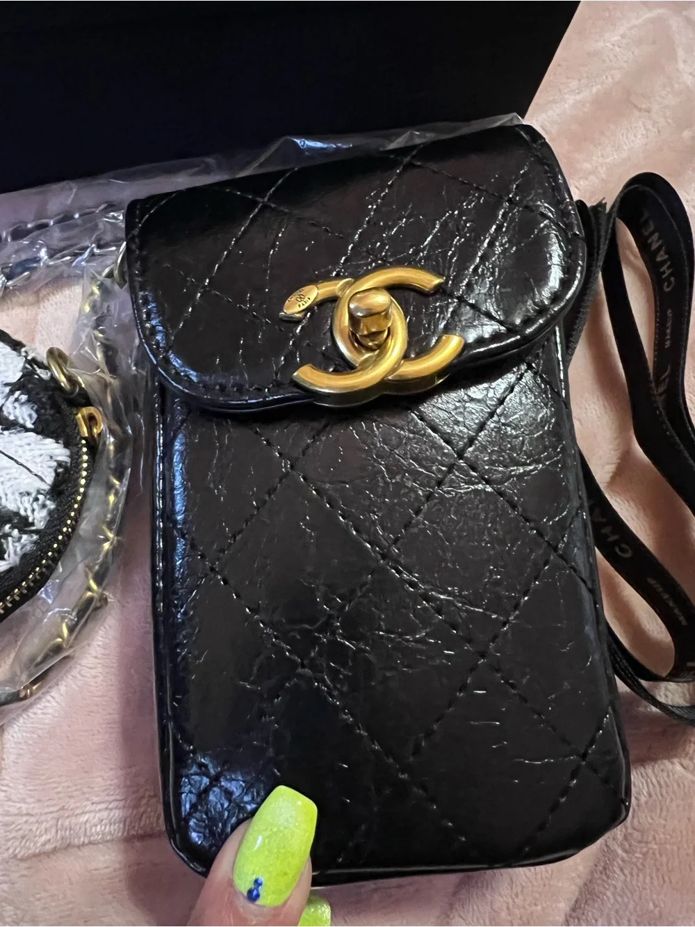 Chanel Black Quilted Leather Phone Pouch with Houndstooth Coin Case with COA